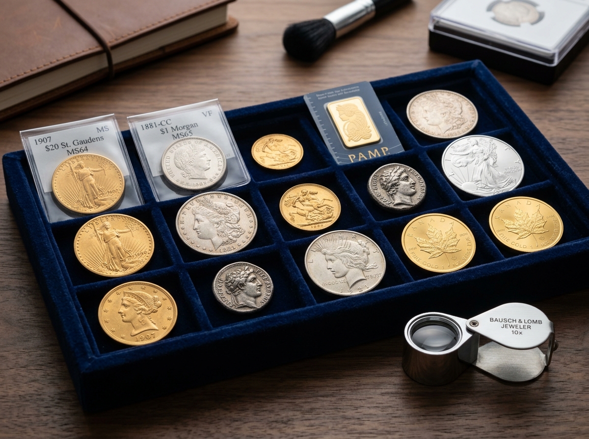 Rare gold and silver numismatic coins and currency